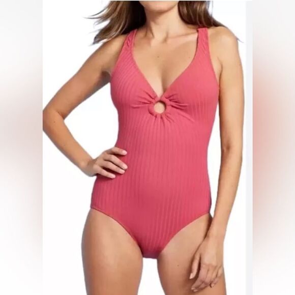 Kona Sol Wide Rib O Ring Onepiece Swimsuit Pink S - Picture 1 of 10